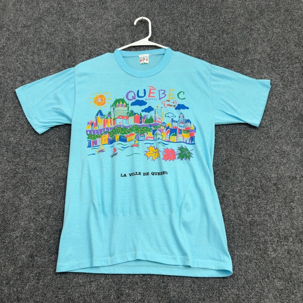 Vintage Quebec Bulletin T Shirt Men M Blue Cotton Polyester Graphic Souvenir Tee